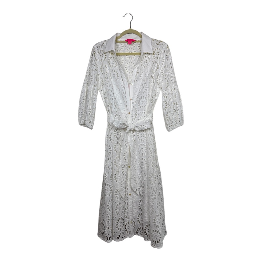 Lilly Pulitzer white lace long sleeve dress Mialynn Midi Eyelet Shirt dress 10